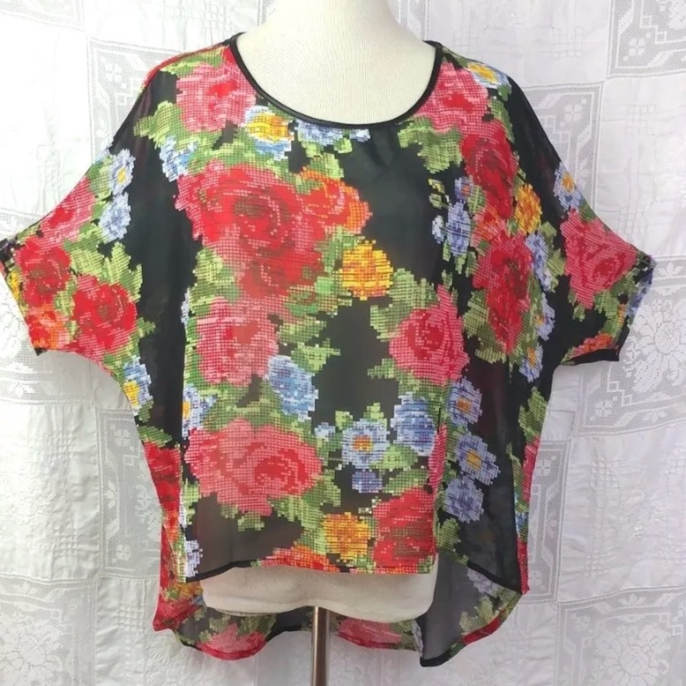 BCNU Sheer Bright Floral Tapestry High Low Blouse